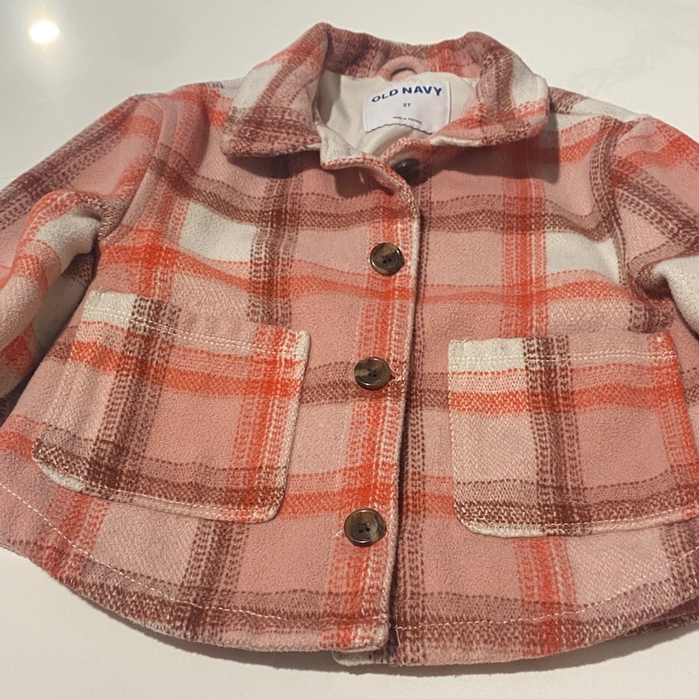 Old Navy Kids Plaid Pea Coat - Pink and Orange